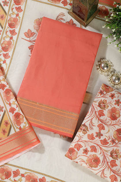 Peach Cotton Unstitched Suit Material With Floral Printed Dupatta & Salwar