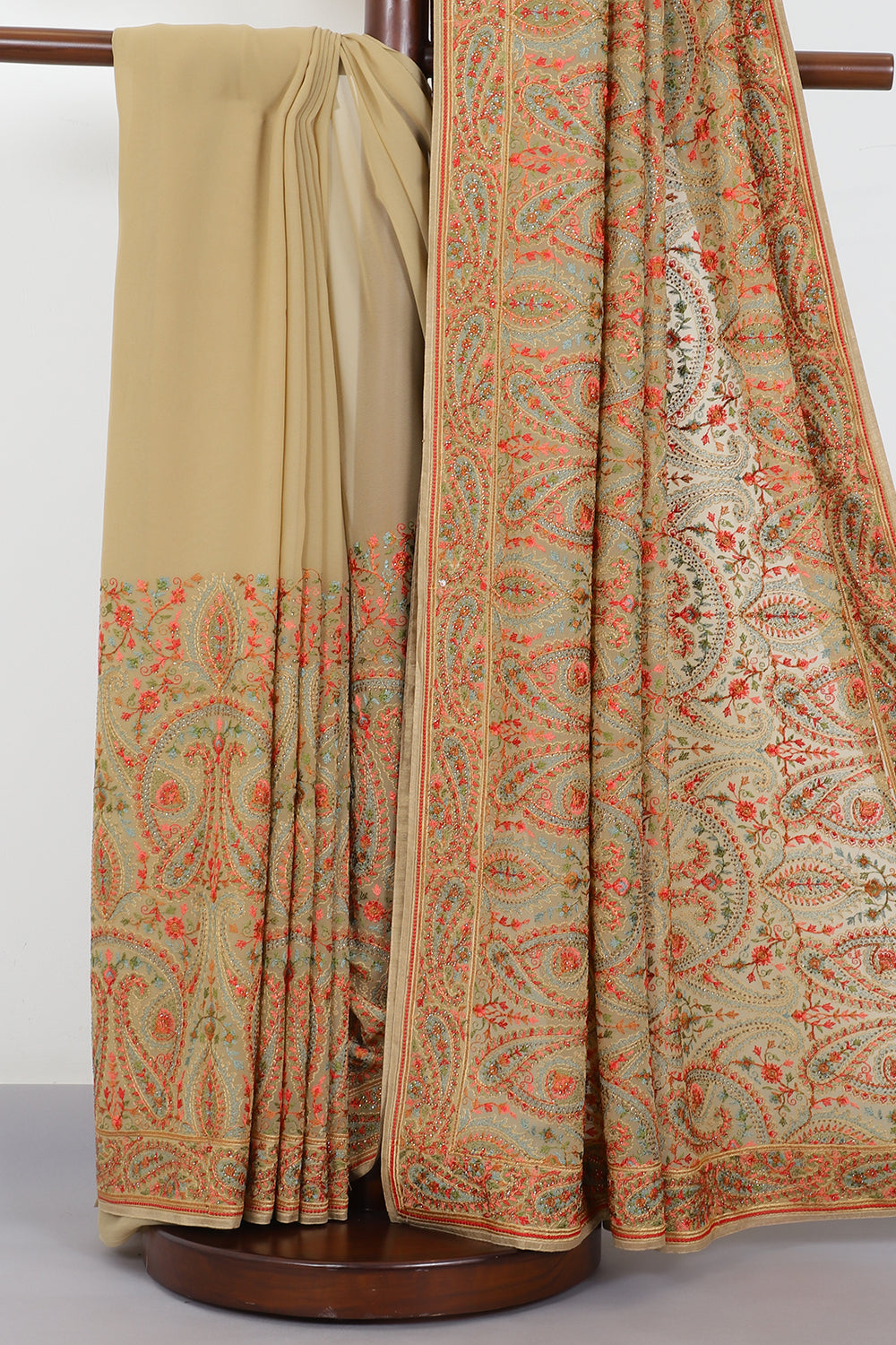 Beige Georggette Resham Embroidered And Swaroski Work Saree