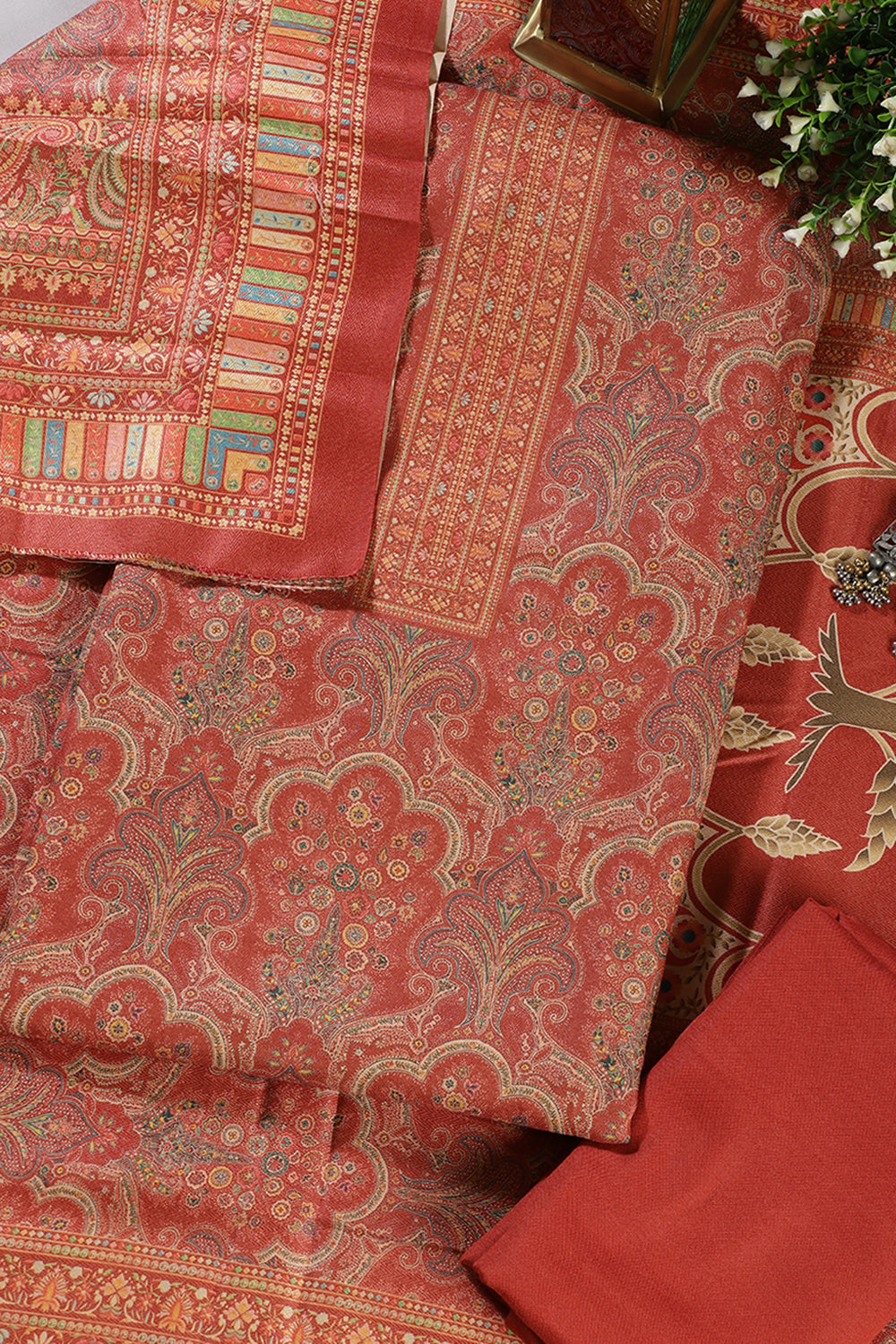 Rust Colour Pashmina Digital Printed Unstitched Suit Fabric
