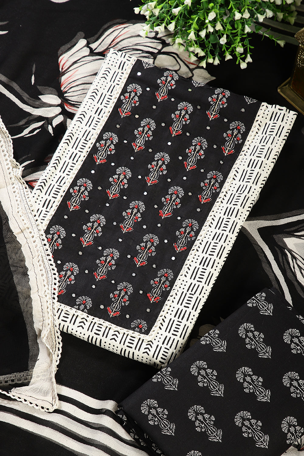 Black Color Cotton Printed Unstitched Suit Material