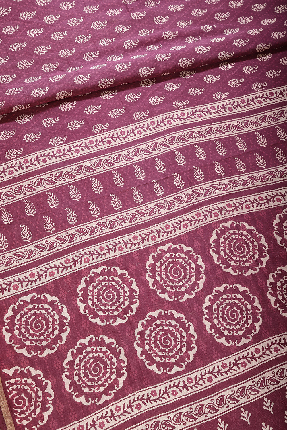 Light Plum Color Cotton Hand-Block Style Printed Saree