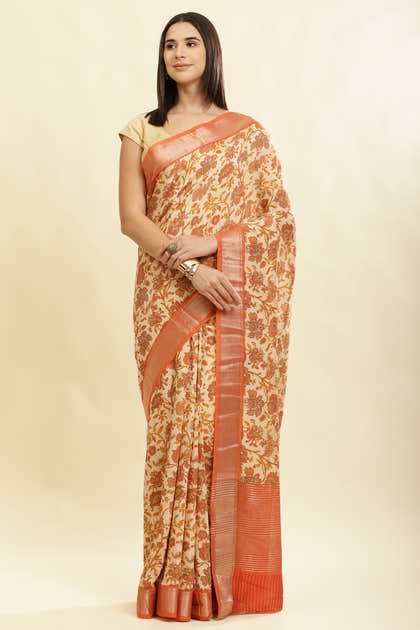 Beige & Orange Cotton Silk Floral Printed Saree