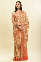 Beige & Orange Cotton Silk Floral Printed Saree