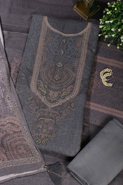 Grey Floral Jaal Printed Spun Unstitched Suit Material