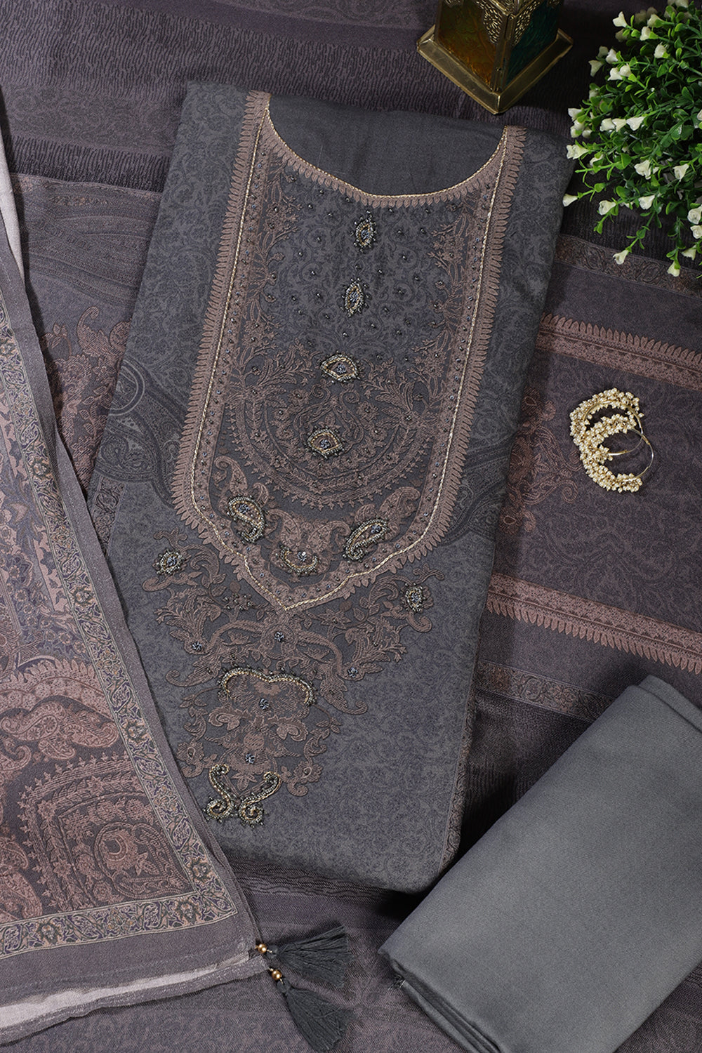 Grey Floral Jaal Printed Spun Unstitched Suit Material