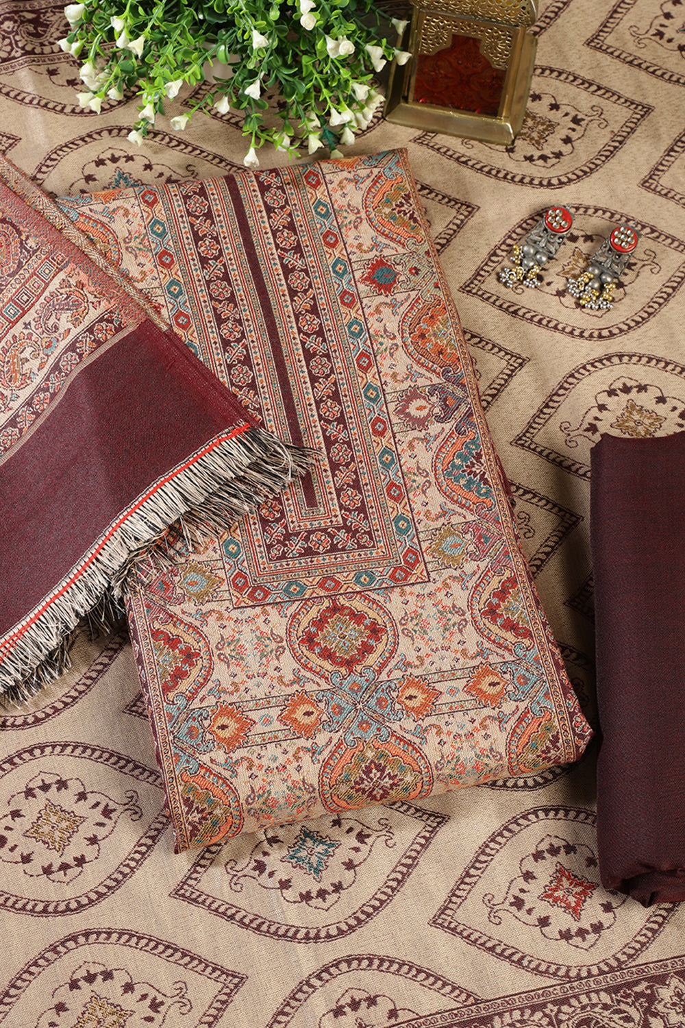 Maroon Pashmina Digital Printed Unstitched Suit Material