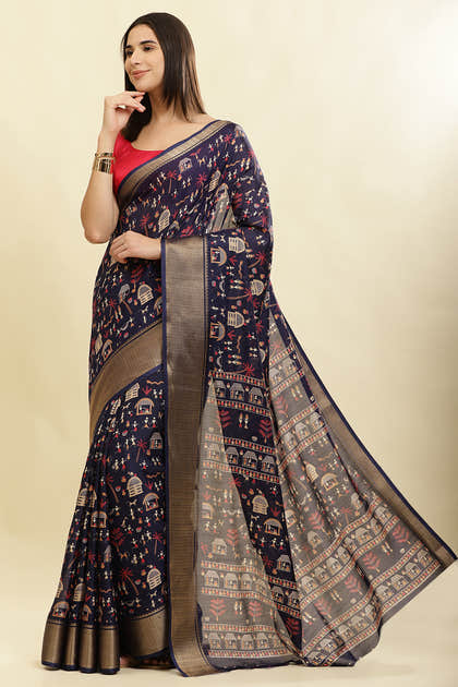 Navy Cotton Silk Printed Saree
