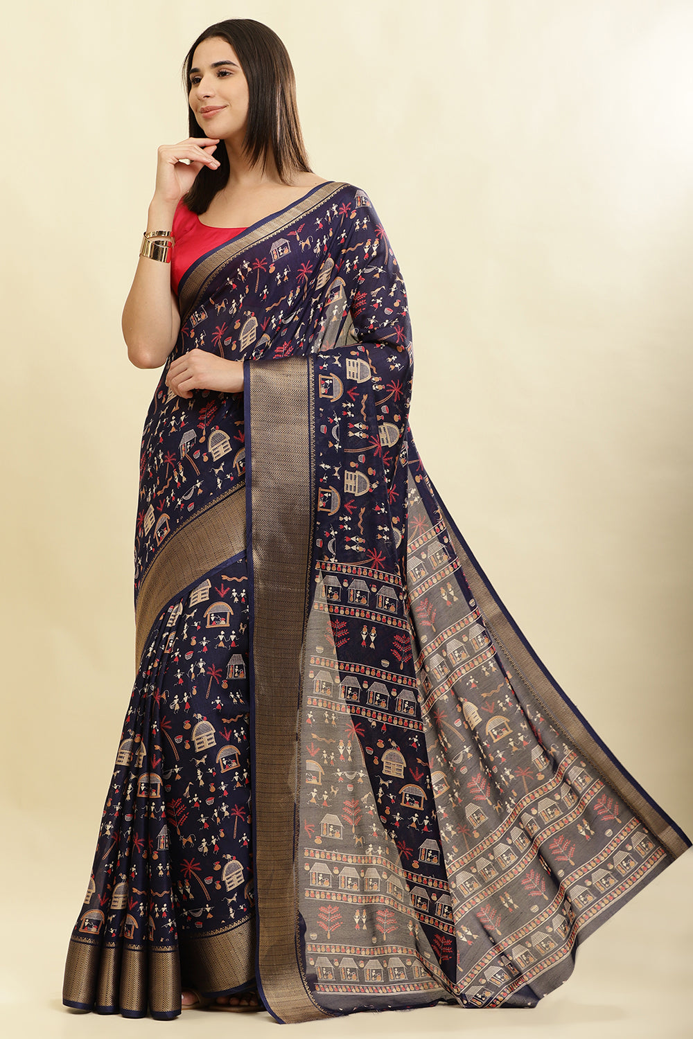 Navy Cotton Silk Printed Saree