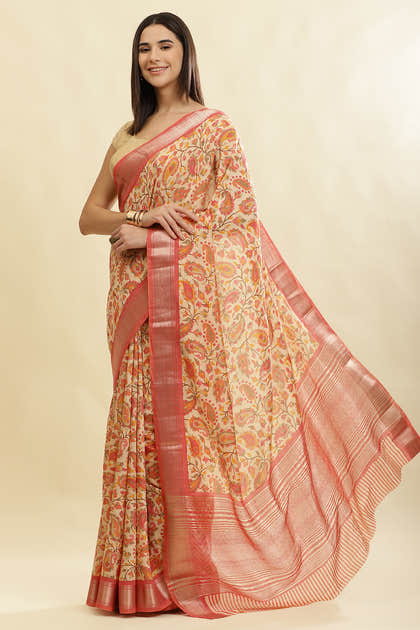 Pink & Beige Cotton Silk Floral Boota Printed Saree