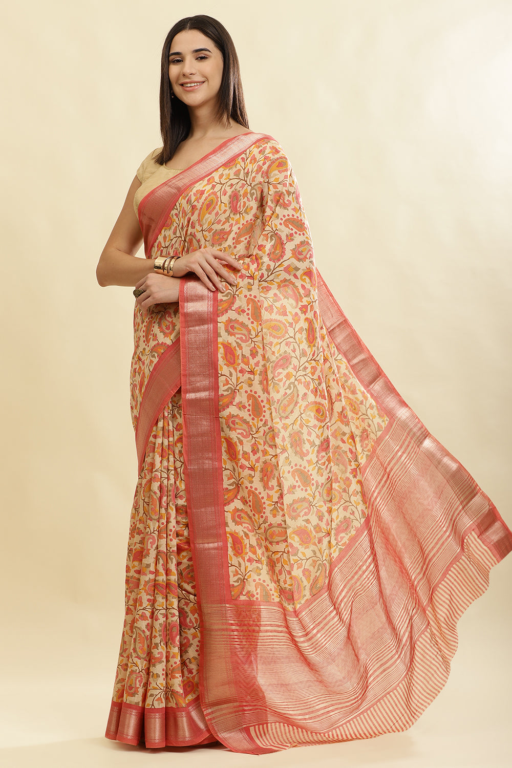 Pink & Beige Cotton Silk Floral Boota Printed Saree