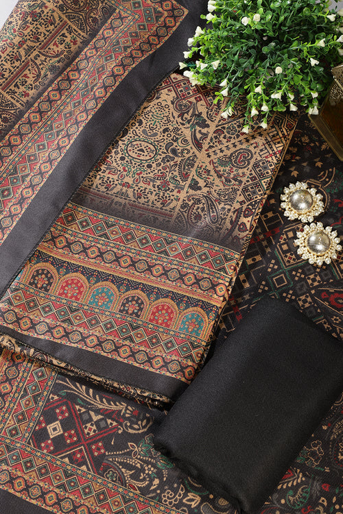 Black Pashmina Digital Printed Unstitched Suit Material
