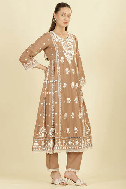 Light Brown Cotton Resham Floral Embroidered Anarkali Suit Set