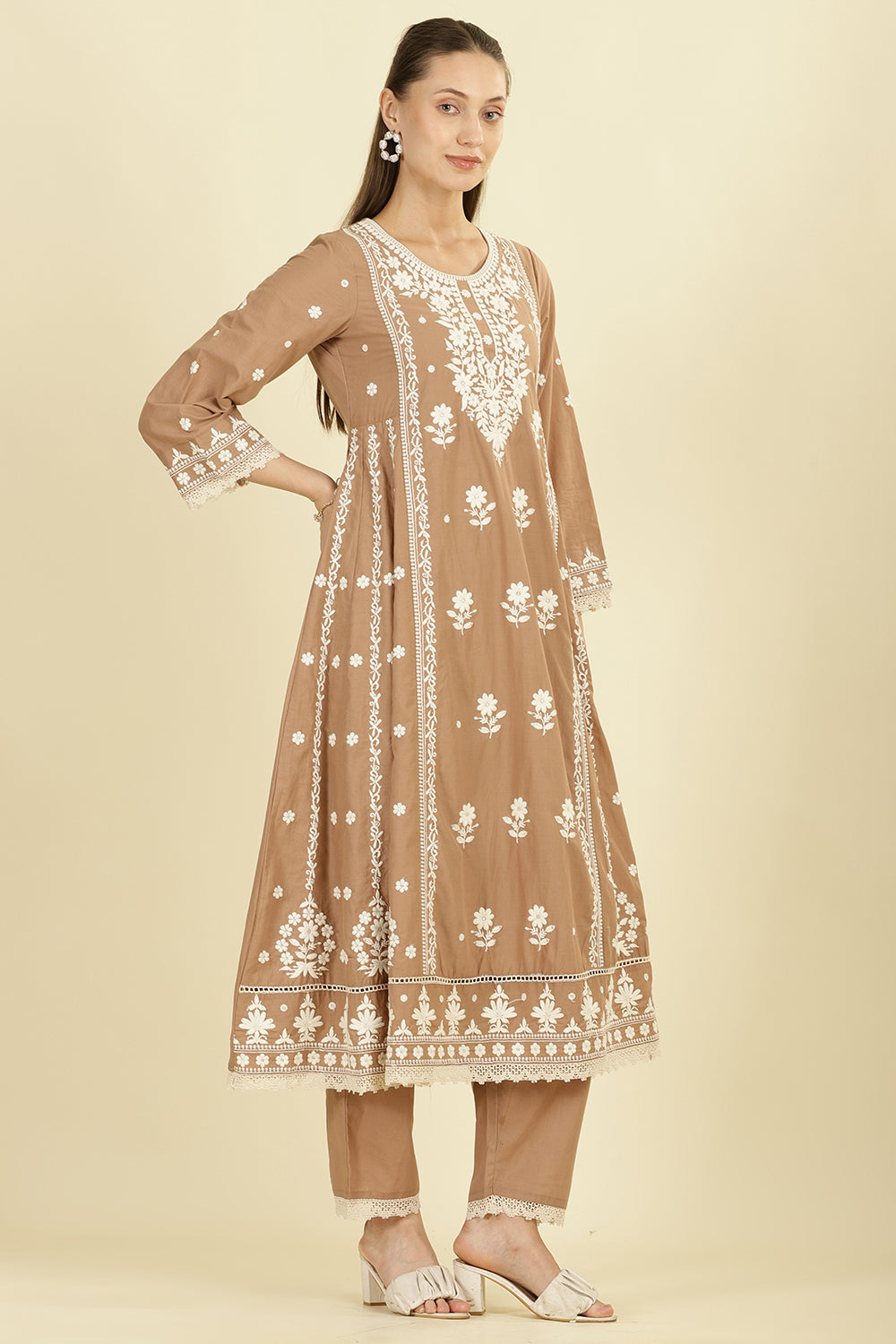 Light Brown Cotton Resham Floral Embroidered Anarkali Suit Set