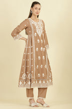 Light Brown Cotton Resham Floral Embroidered Anarkali Suit Set
