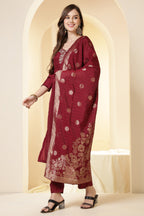 Maroon Color Silk Neck Embroidered Suit Set