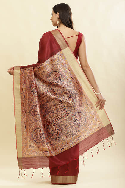 Maroon Color Cotton Silk Madhubani Print Saree