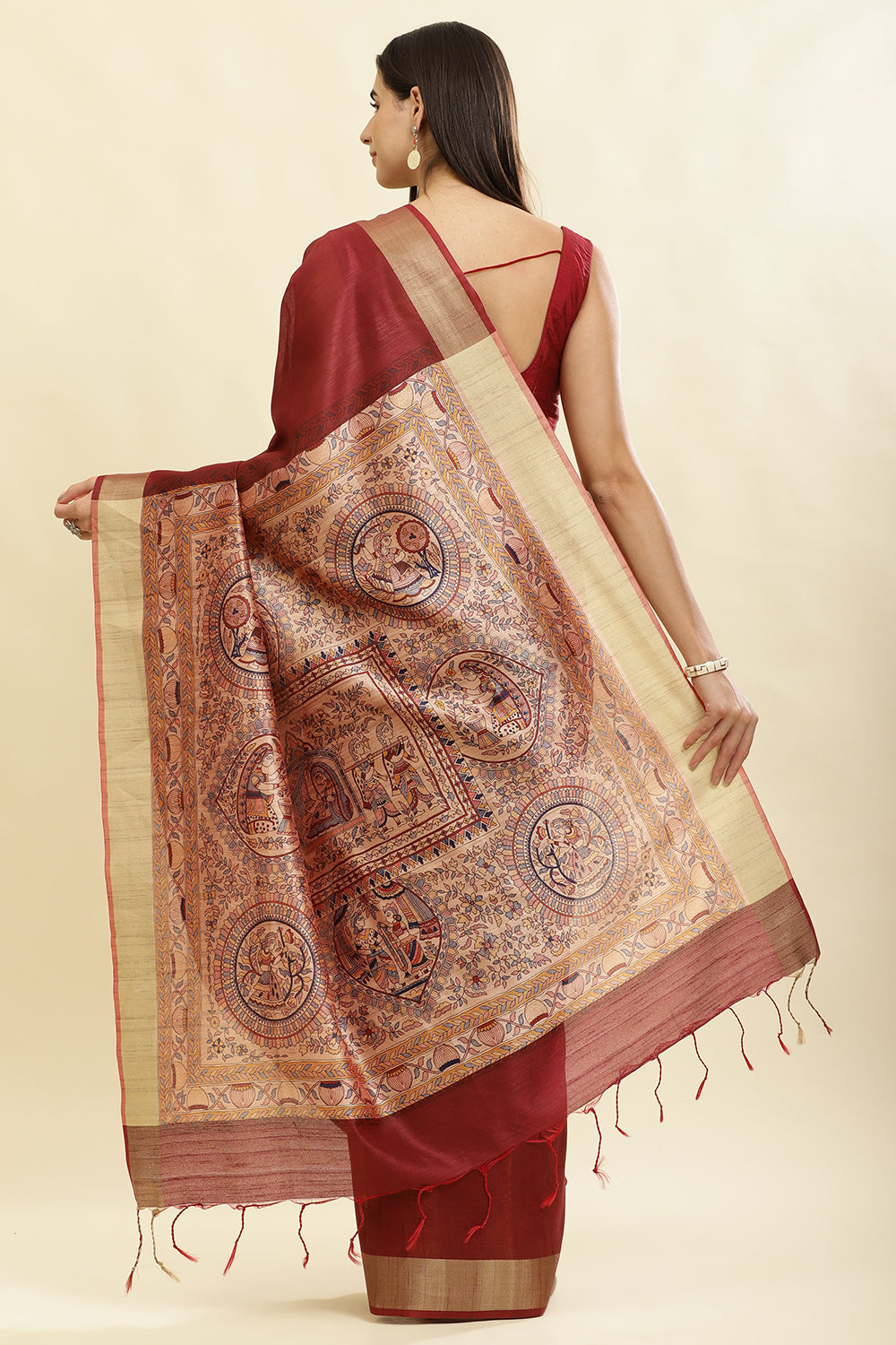 Maroon Color Cotton Silk Madhubani Print Saree