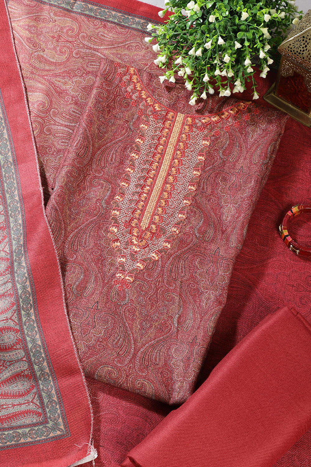 Maroon Pashmina Printed And Neck Embroidered Unstitched Suit Material