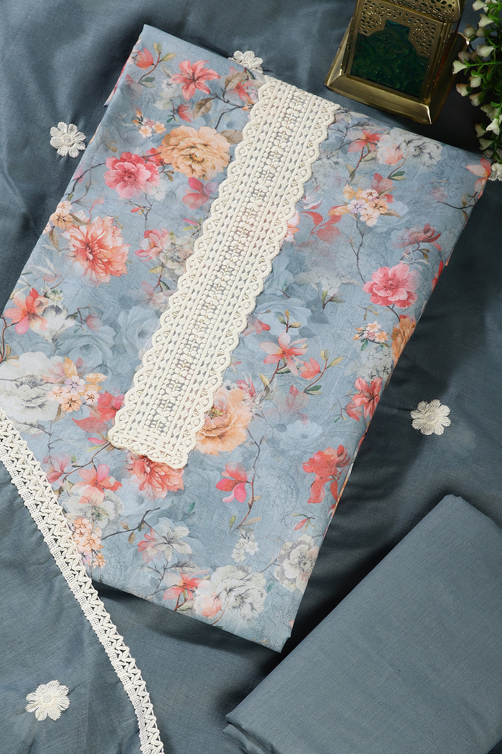 Blue Color Cotton Flower Printed and Lace Work Unstitched Suit Fabric