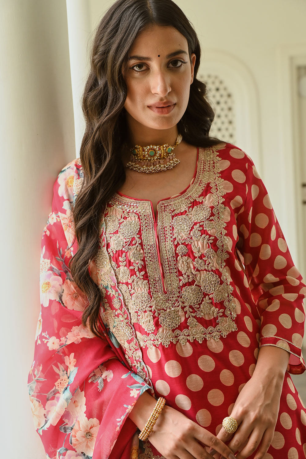 Fuchsia Pink Color Chanderi Printed Suit