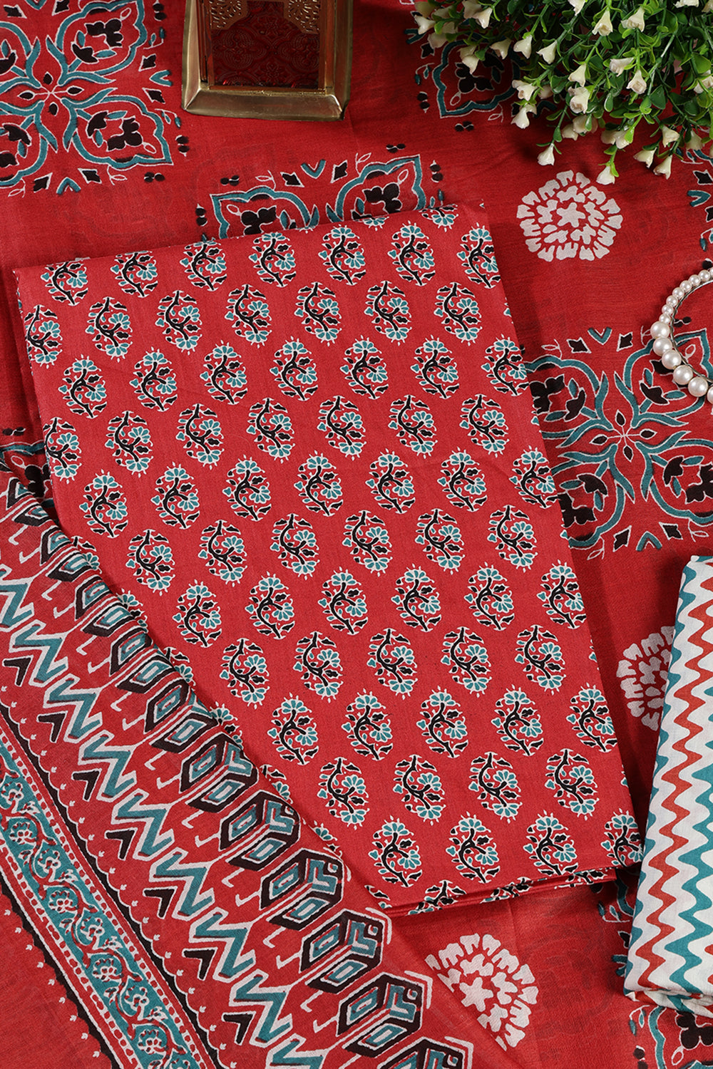 Light Maroon Poplin Cotton Printed Unstitched Suit Material