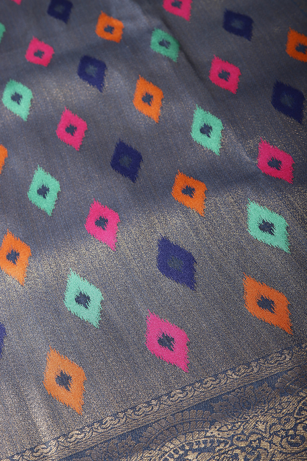 Greyish Blue Color Silk Resham and Zari Woven Saree