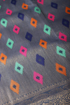 Greyish Blue Color Silk Resham and Zari Woven Saree