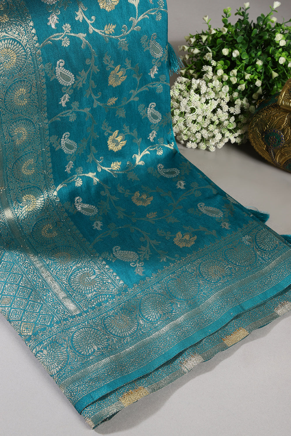 Dark Aqua Colour Zari Woven South Silk Saree