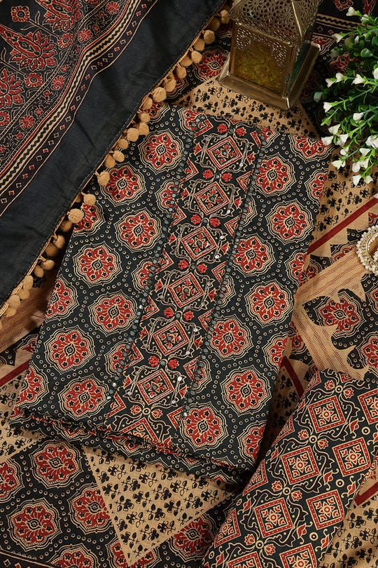 Bottle Green Cambric Cotton Printed And Mirror Wrok Unstitched Suit Material