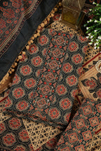 Bottle Green Cambric Cotton Printed And Mirror Wrok Unstitched Suit Material