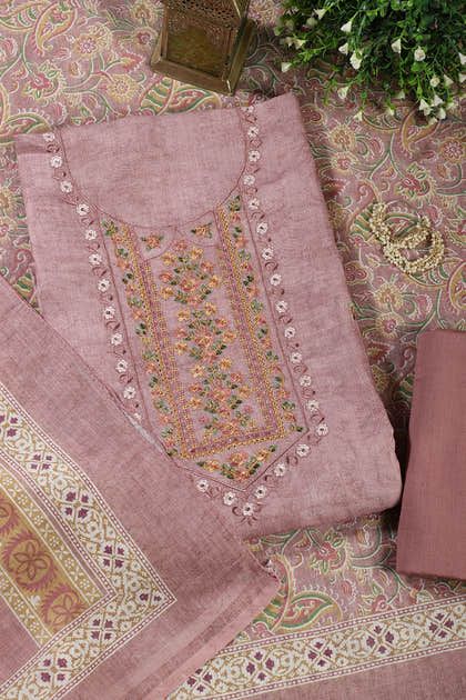 Dusty Pink Cotton Resham Embroidered Unstitched Suit