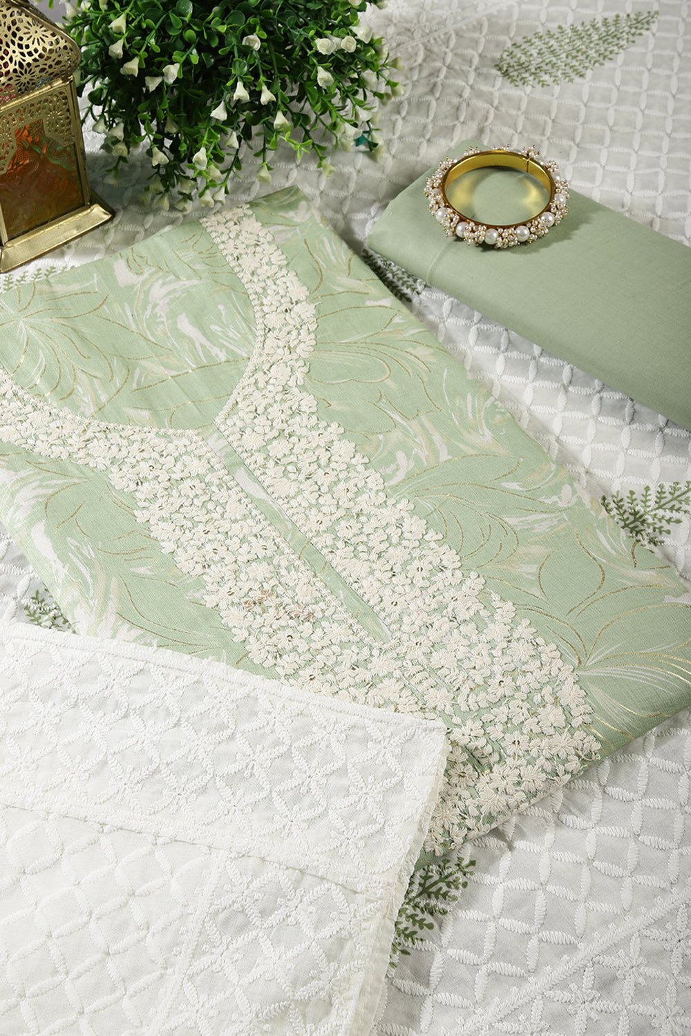 Pista Green Colour Cotton Printed & Resham Neck Embroidered Unstitched Suit