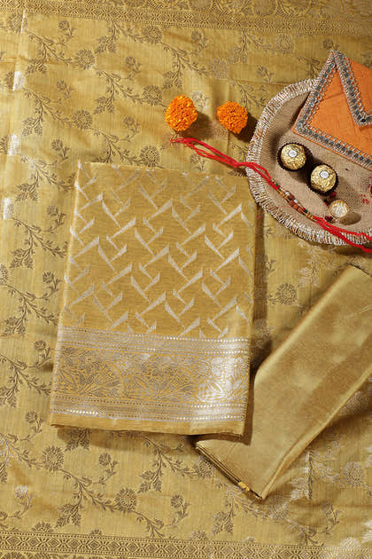 Mustard Colour Zari Woven Silk Unstitched Suit Material