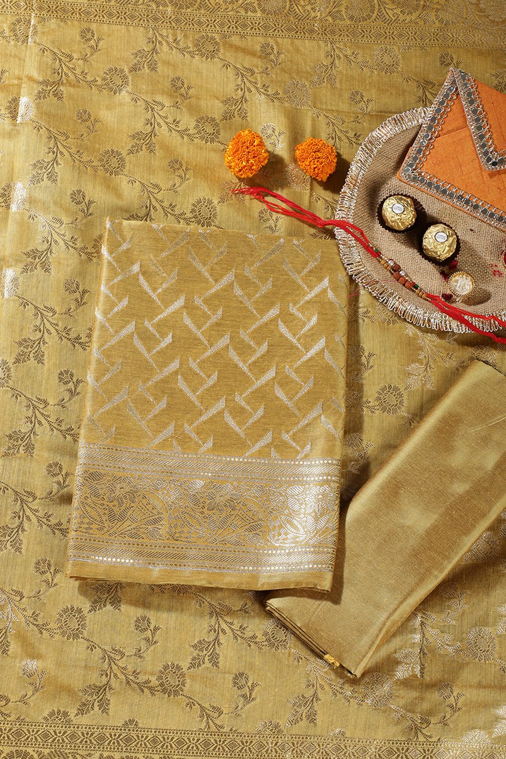 Mustard Colour Zari Woven Silk Unstitched Suit Material