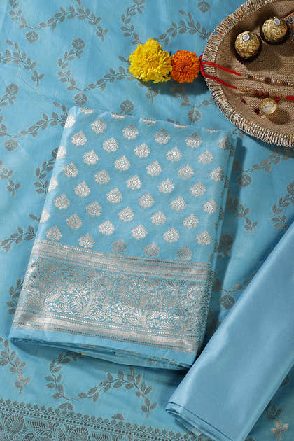 Light Blue Silk Zari Woven Unstitched Suit Fabric