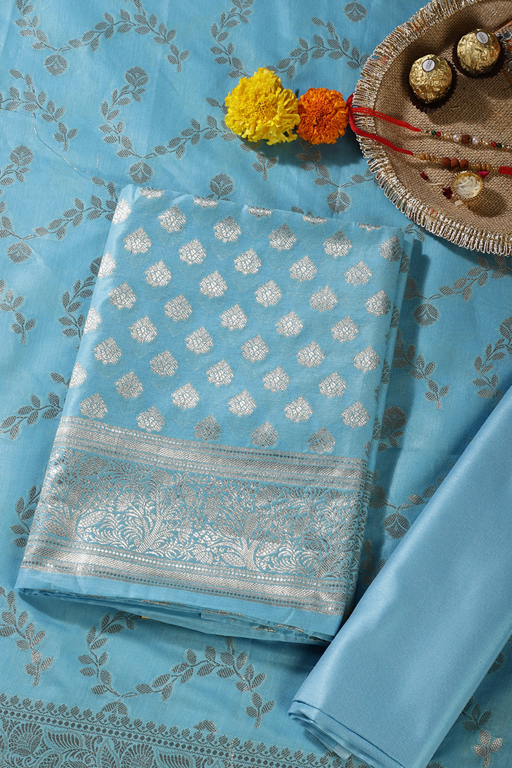 Light Blue Silk Zari Woven Unstitched Suit Fabric