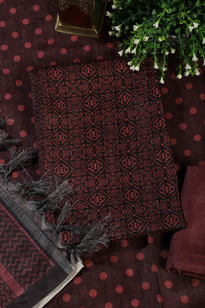 Maroon Chanderi Cotton Printed Unstiched Suit Material