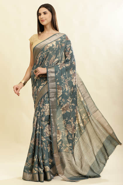 Sea Green Cotton Silk Floral Printed & Zari Border Saree