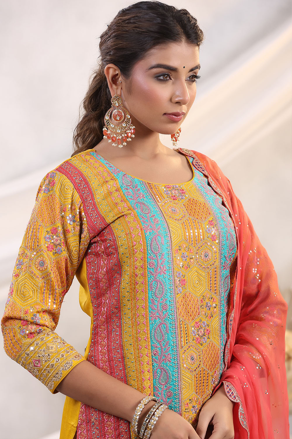 Mustard Color Embroidered Silk Unstitched Suit Fabric