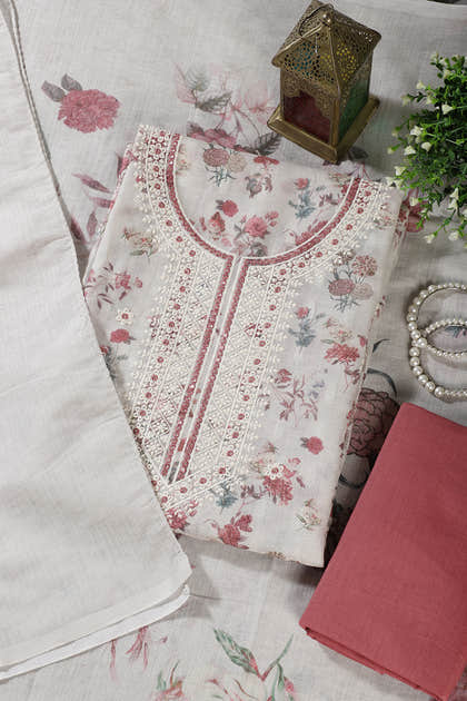 Cream & Light Maroon Chanderi Cotton Floral Printed And Embroidered Unstitched Suit