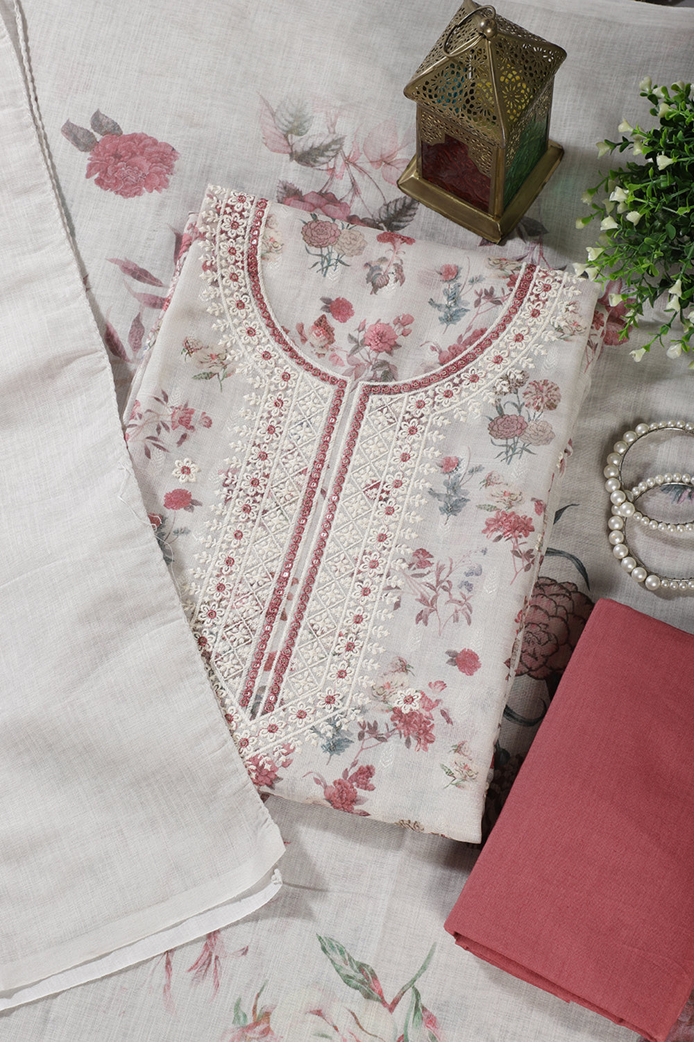 Cream & Light Maroon Chanderi Cotton Floral Printed And Embroidered Unstitched Suit