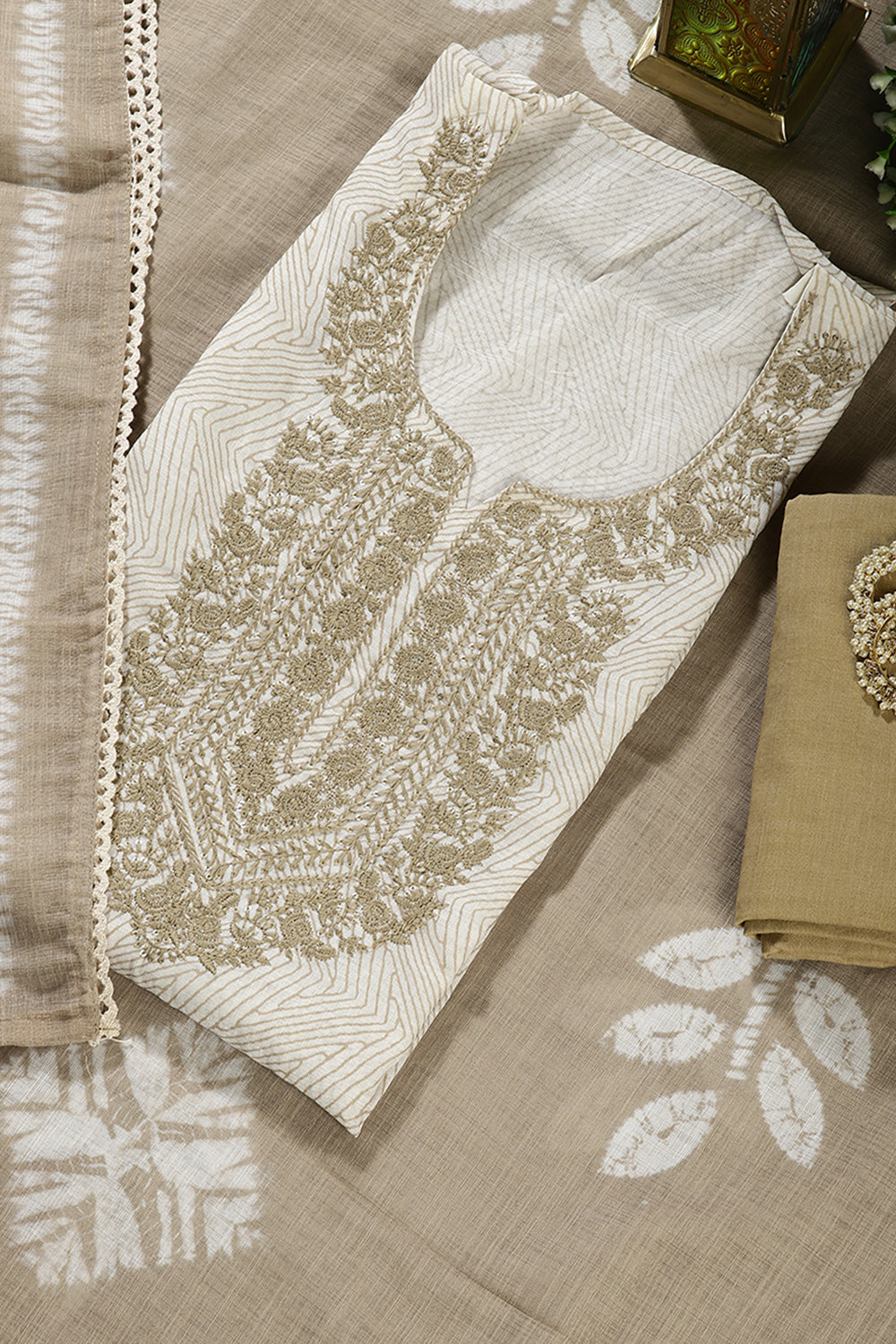Cream Colour Cotton Printed & Resham Neck Embroidered Unstitched Suit