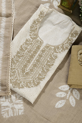 Cream Colour Cotton Printed & Resham Neck Embroidered Unstitched Suit