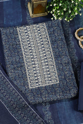 Navy Cotton Silk Printed and Neck Embroidered Unstitched Suit