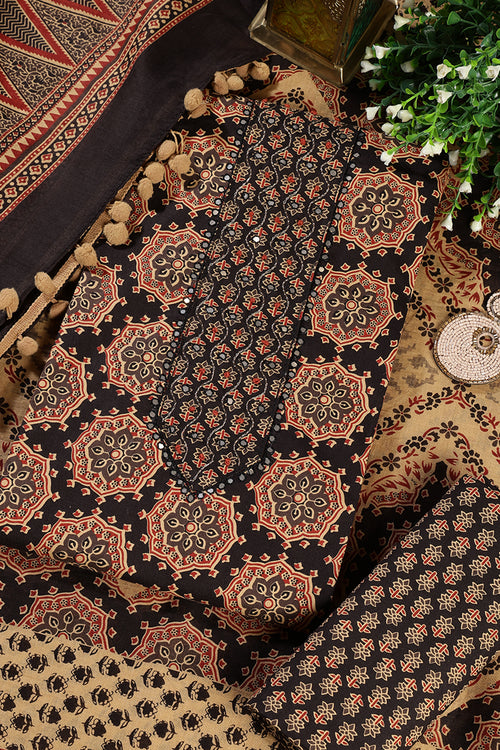 Black Cambric Cotton Printed And Mirror Wrok Unstitched Suit Material