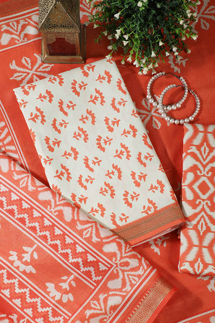 Orange Floral Block Print Cotton Unstitched Suit Fabric