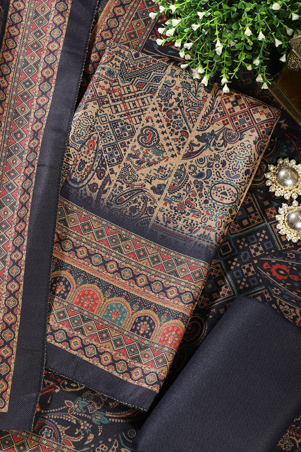 Navy Pashmina Digital Printed Unstitched Suit Material