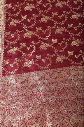 Dark Scarlet Banarasi Silk Zari Floral Zaal Woven Saree