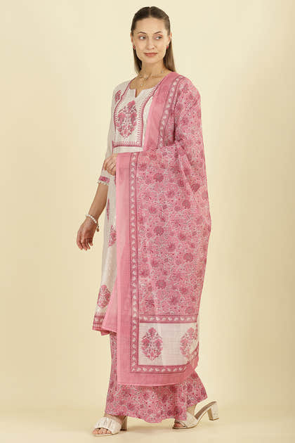 Cream & Pink  Chanderi Cotton Hacoba Style & Floral Printed Unstitched Suit Material