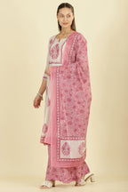 Cream & Pink  Chanderi Cotton Hacoba Style & Floral Printed Unstitched Suit Material
